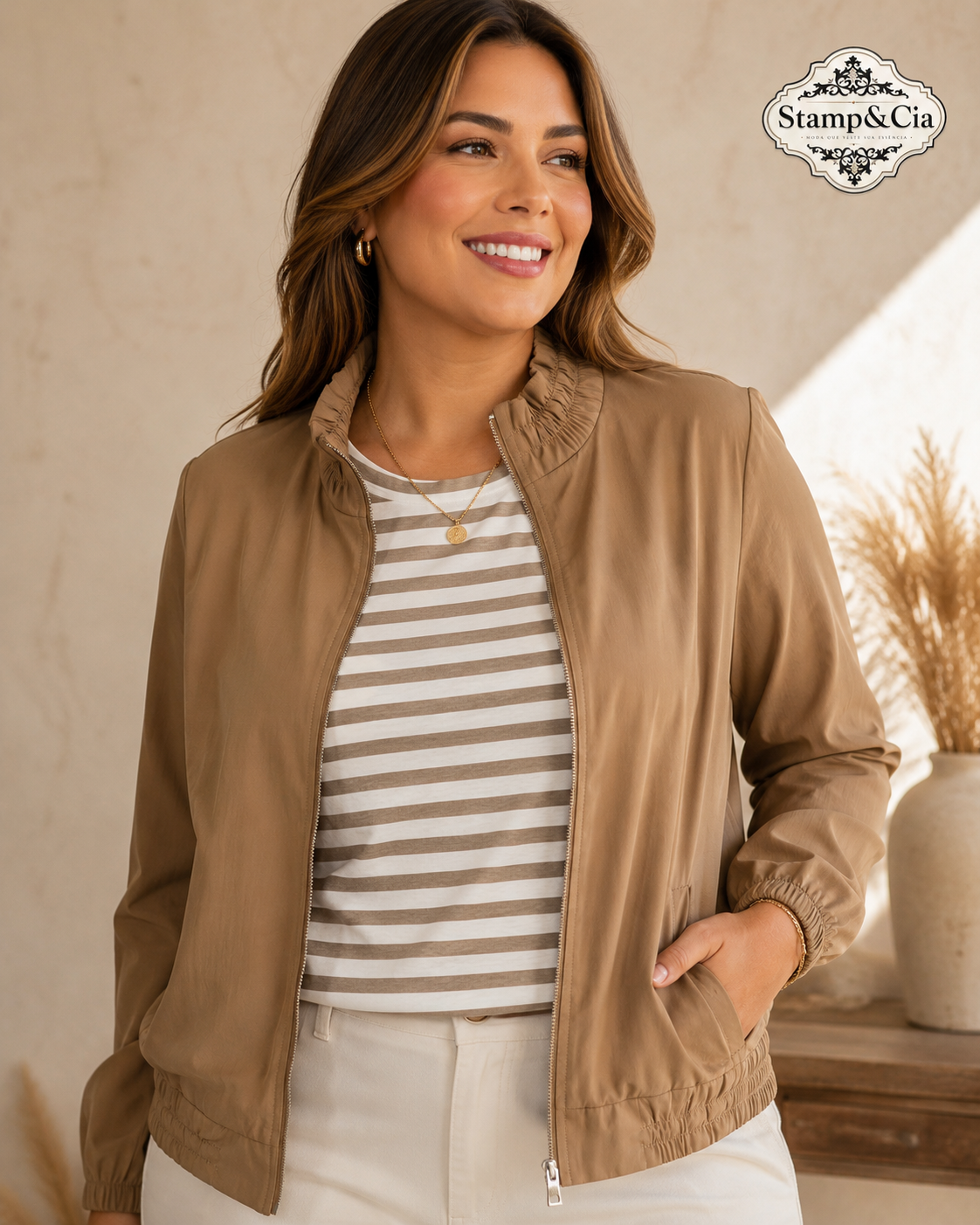 Jaqueta e blusa em viscolinho listrada