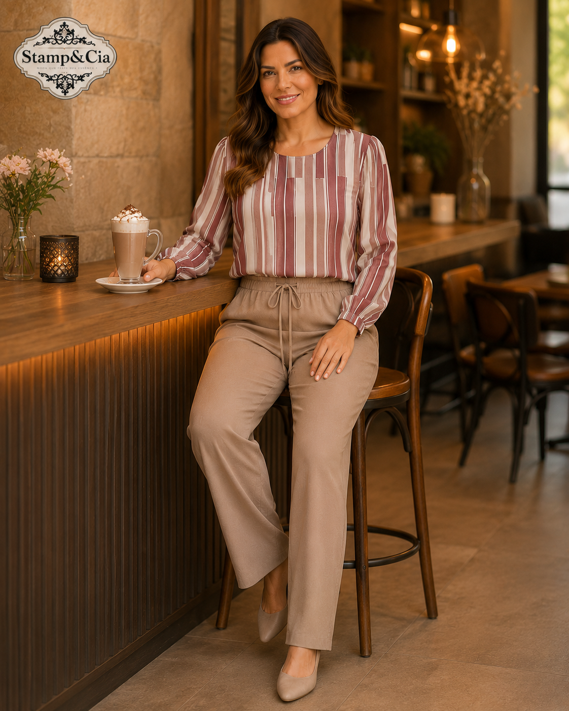 Blusa crepe listrada/calça lisa