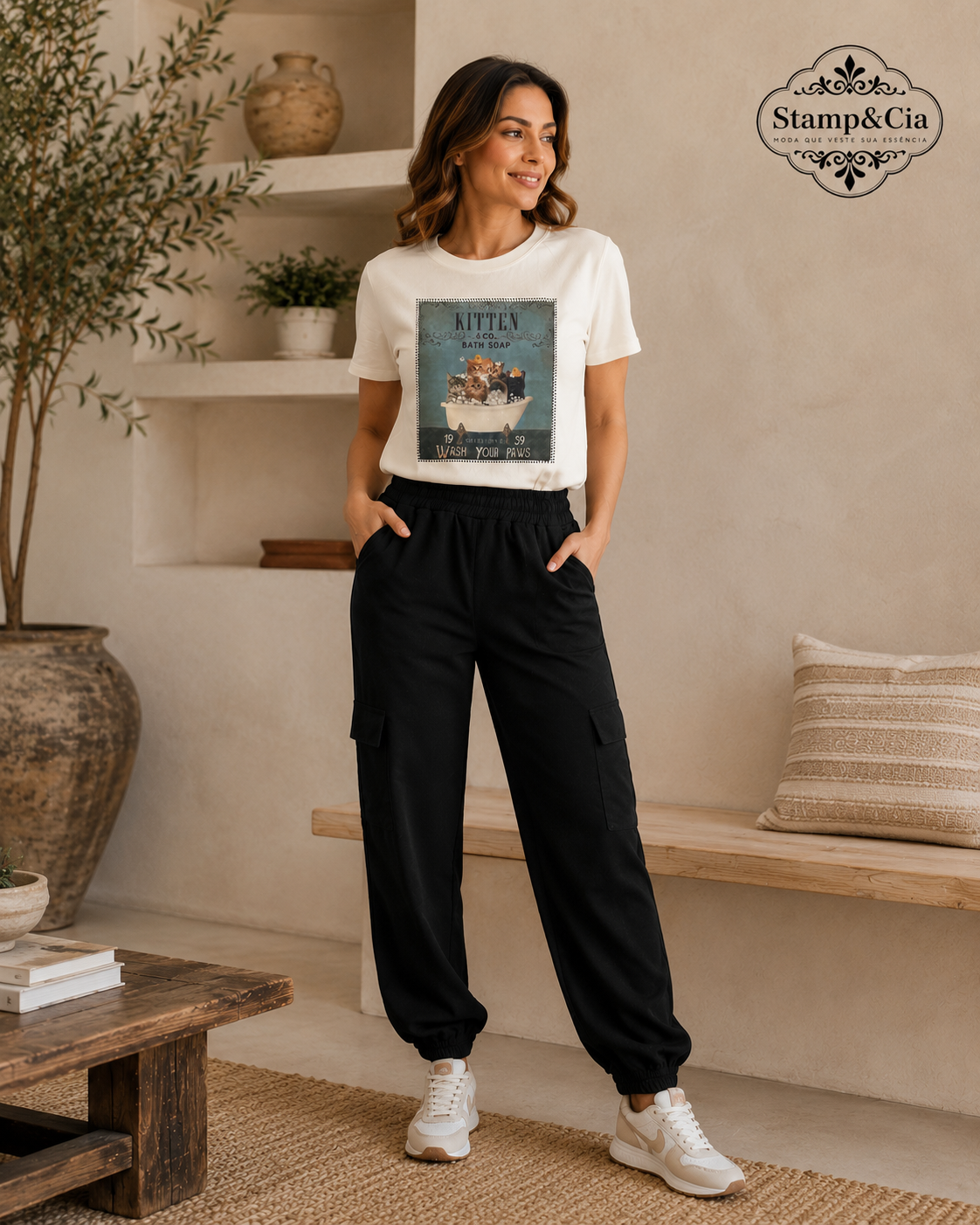 Blusas malha estampa frente/ calça cargo